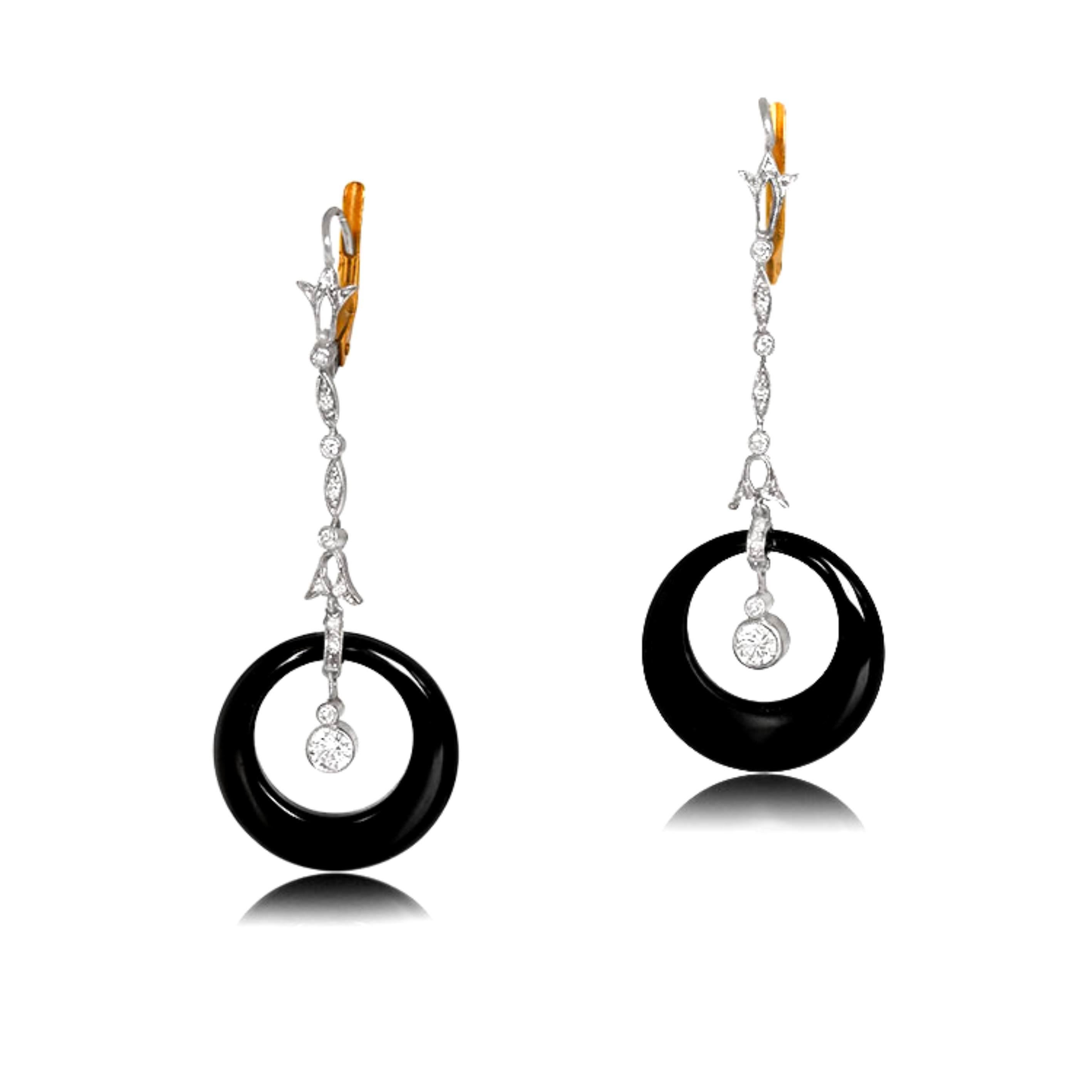 Art Deco Onyx Earrings, Round Cut Diamond, Platinum