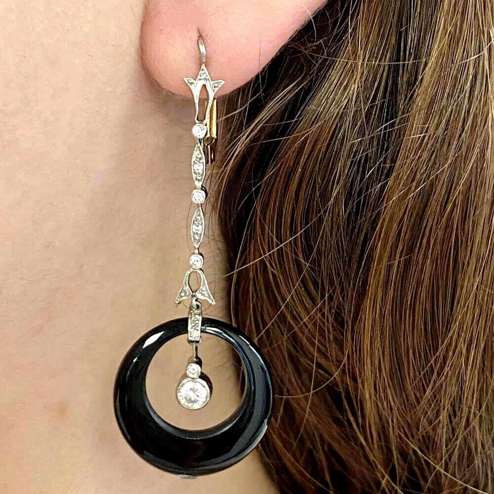 Women's Onyx Earrings, Round Cut Diamond, Platinum