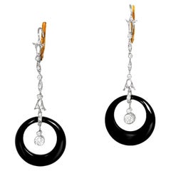 Onyx Earrings, Round Cut Diamond, Platinum