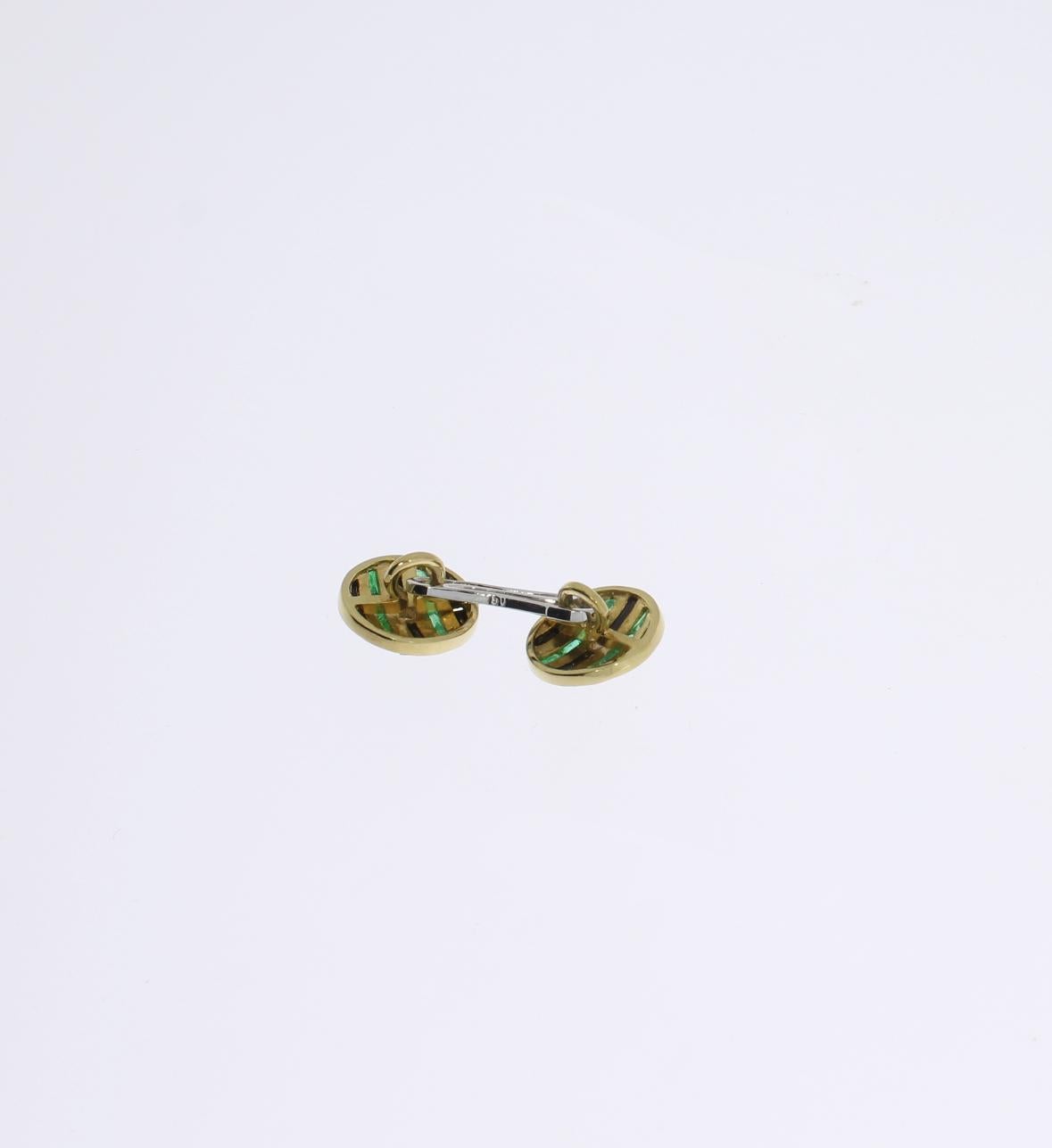 Round Cut Onyx Emerald Diamond Gold Cufflinks For Sale