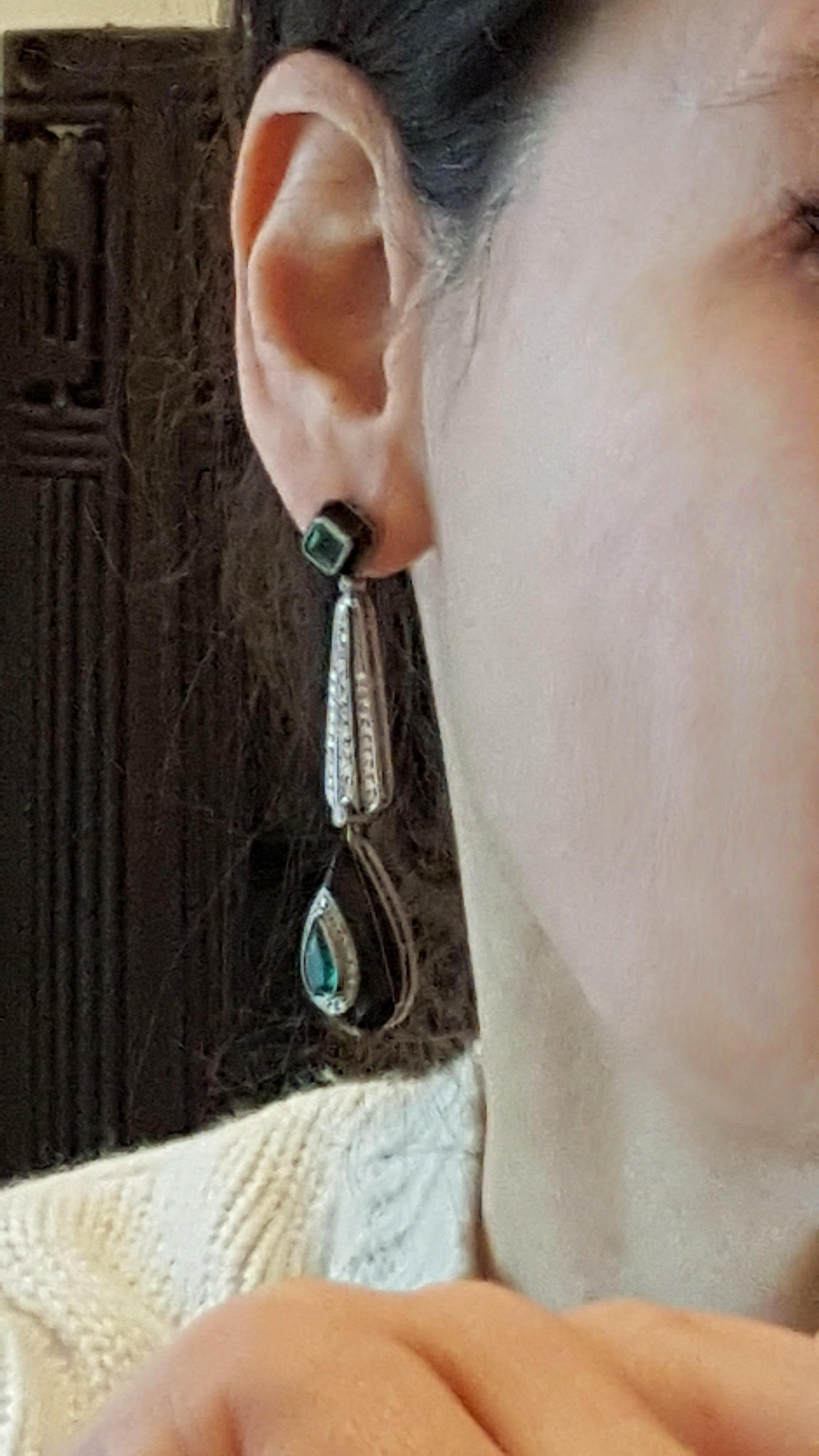 Onyx Emerald Diamond Platinum Dangle Earrings 1