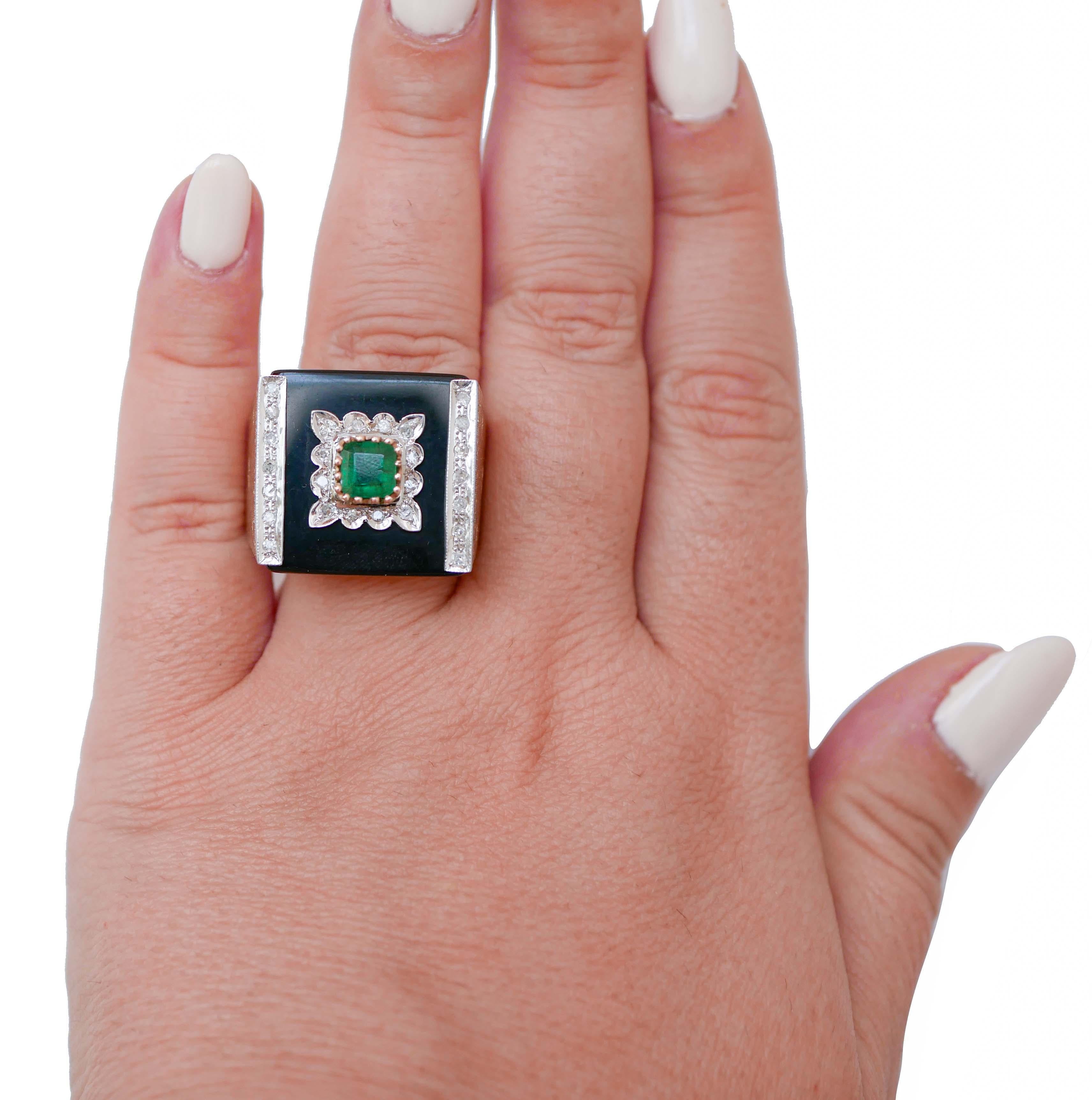 Mixed Cut Onyx, Emerald, Diamonds, 9 Karat Rose Gold Ring. For Sale