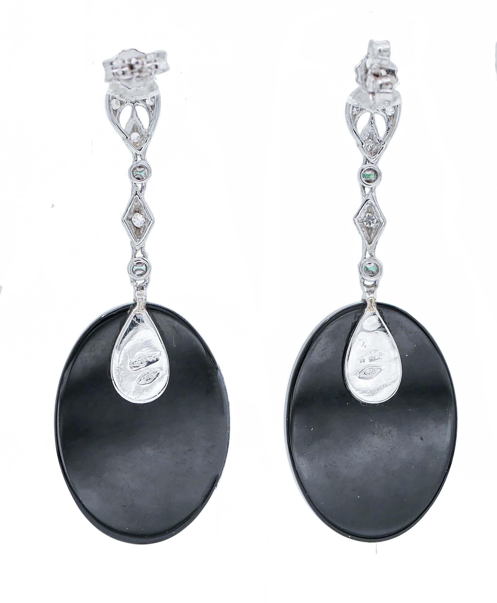 Retro Onyx, Emeralds, Diamonds 14 Karat White Gold Dangle Earrings For Sale