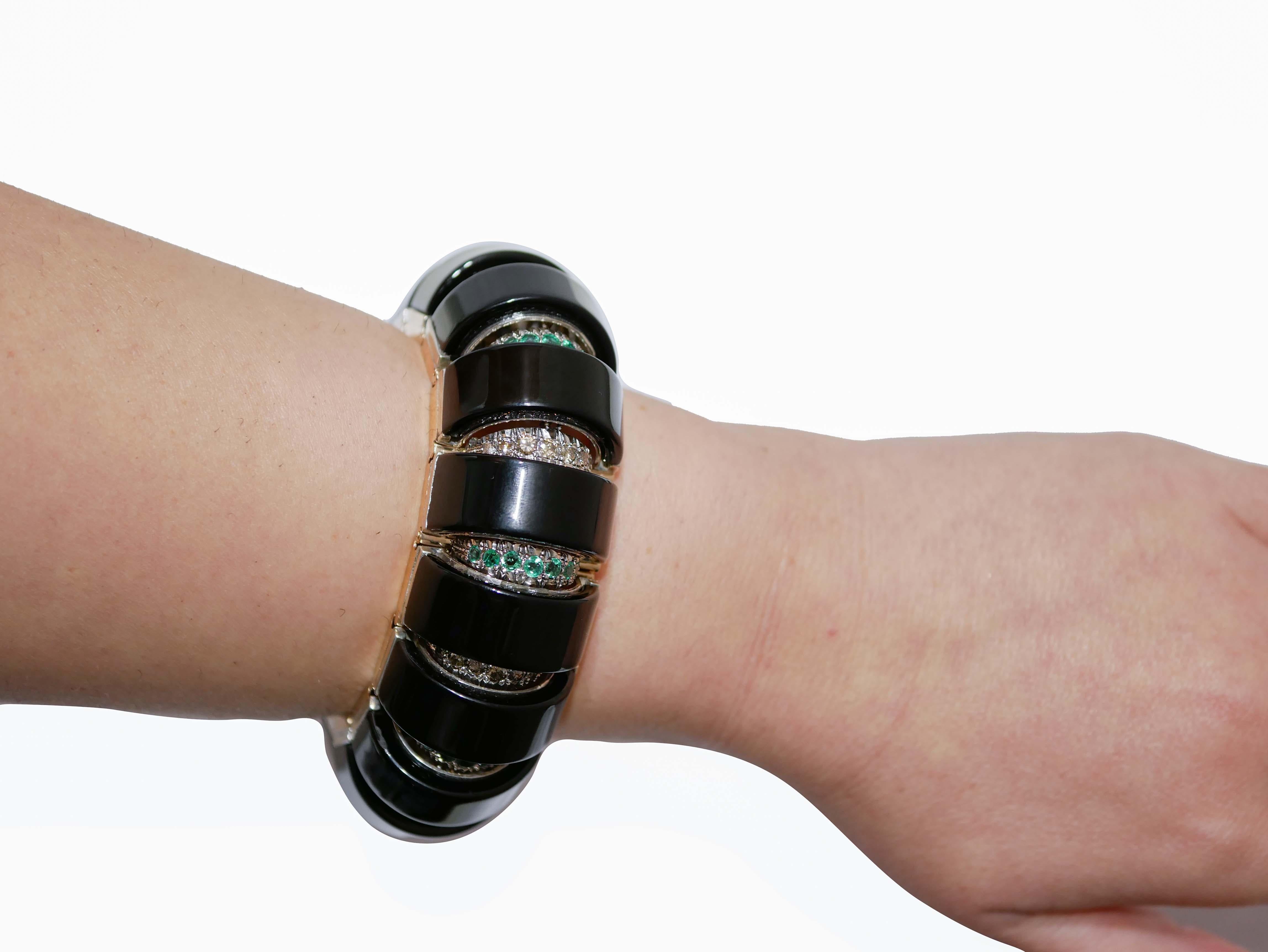 Women's Onyx, Emeralds, Diamonds, Rose Gold and Silver Bracelet. For Sale