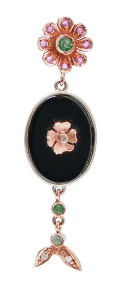 Onyx, Emeralds, Rubies, Diamonds, Rose Gold and Silver Earrings.