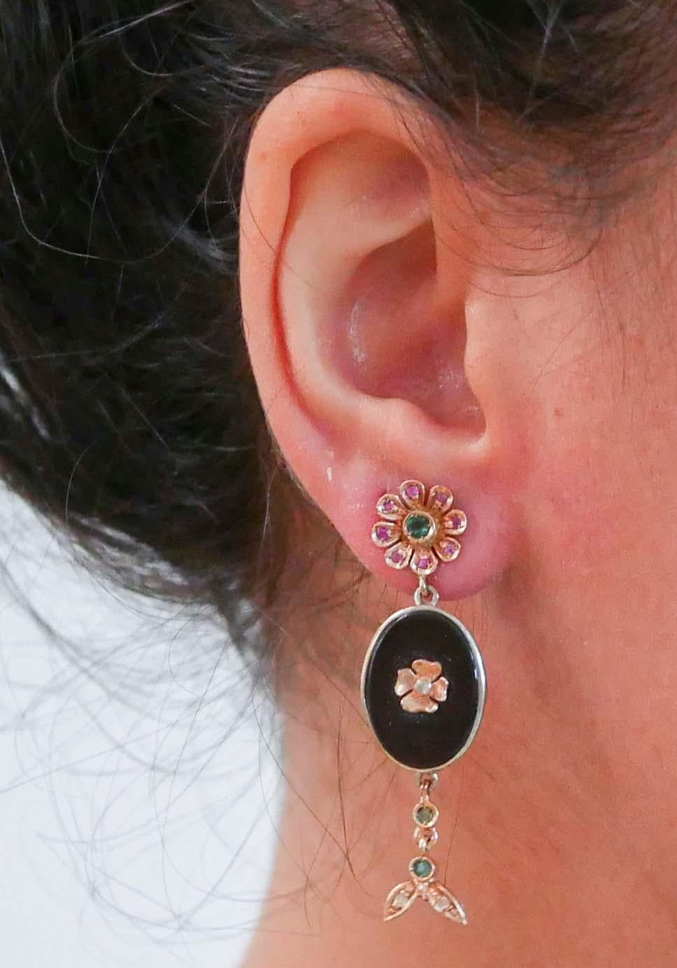 Onyx, Emeralds, Rubies, Diamonds, Rose Gold and Silver Earrings. In Good Condition For Sale In Marcianise, Marcianise (CE)