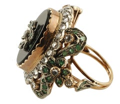 Onyx, Emeralds, White Topazes, 9 Karat Rose Gold and Silver Retro Ring