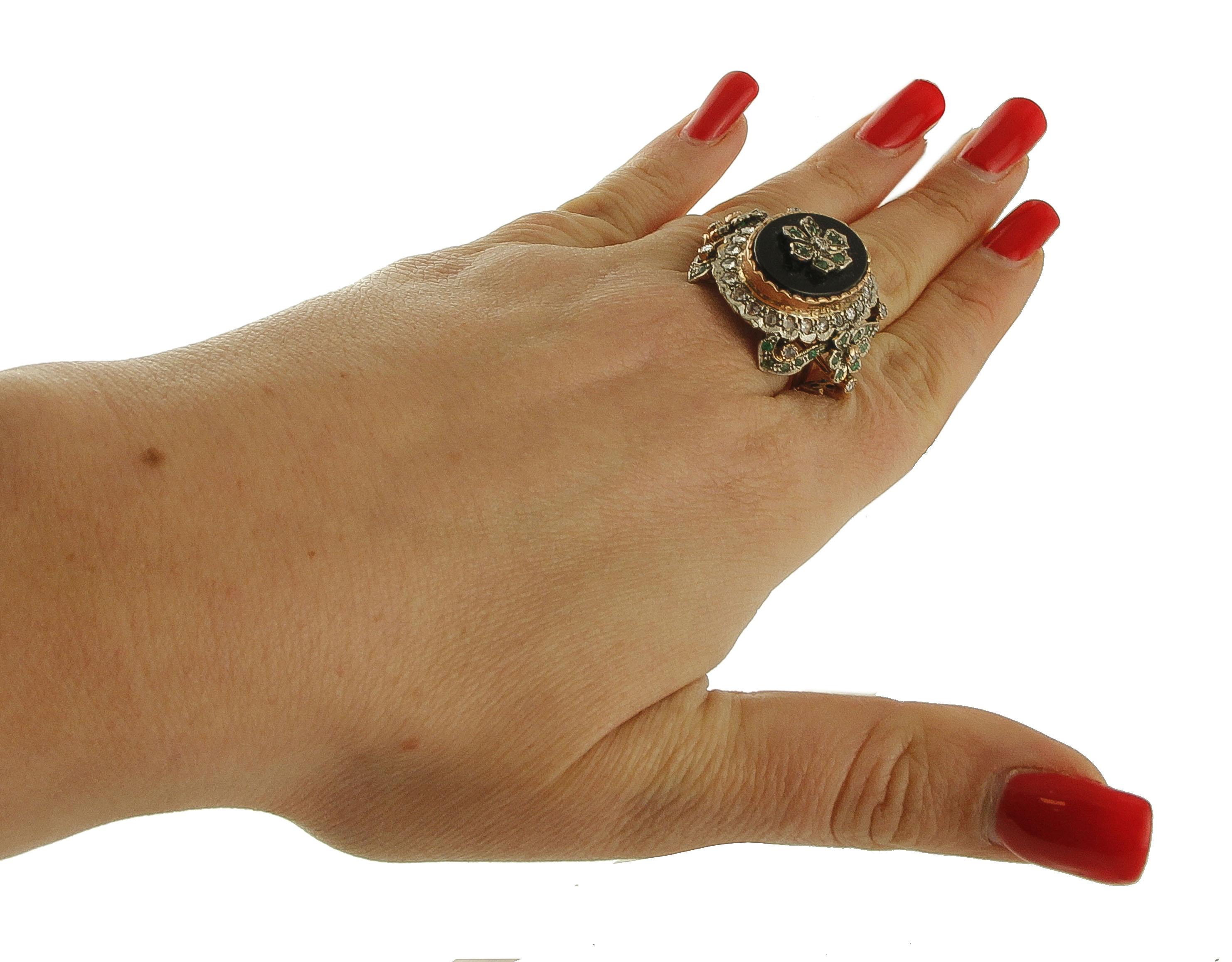 Onyx, Emeralds, White Topazes, 9 Karat Rose Gold and Silver Retro Ring 2