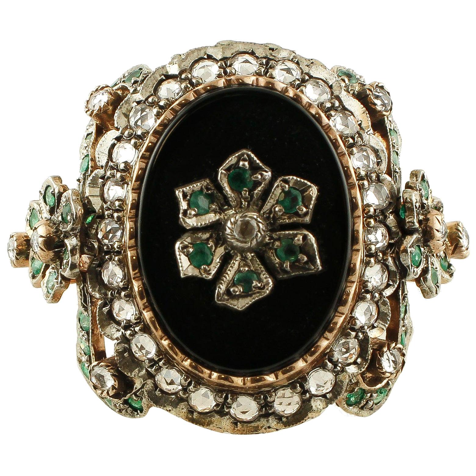 Onyx, Emeralds, White Topazes, 9 Karat Rose Gold and Silver Retro Ring