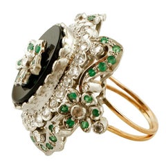 Onyx, Emeralds, White Zircons, Rose Gold and Silver Vintage Ring