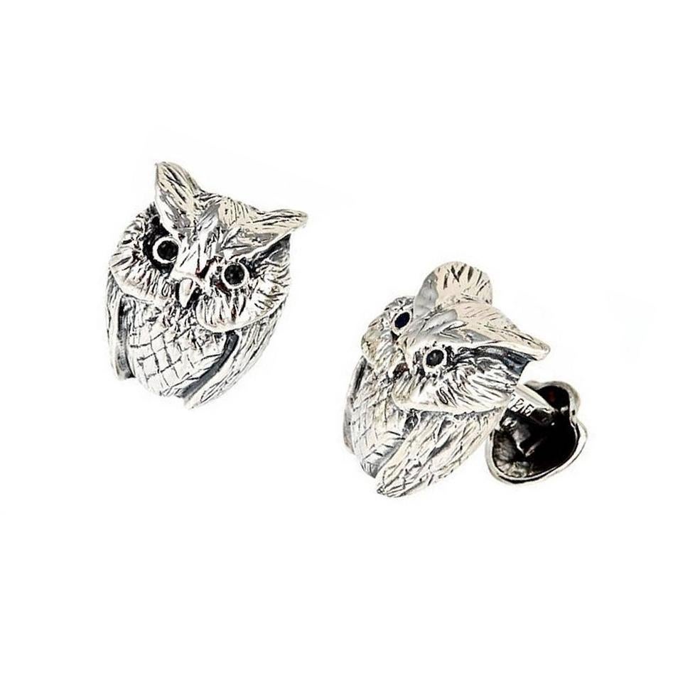 Contemporary Onyx Eyes Sterling Silver Owl Cufflinks by John Landrum Bryant For Sale