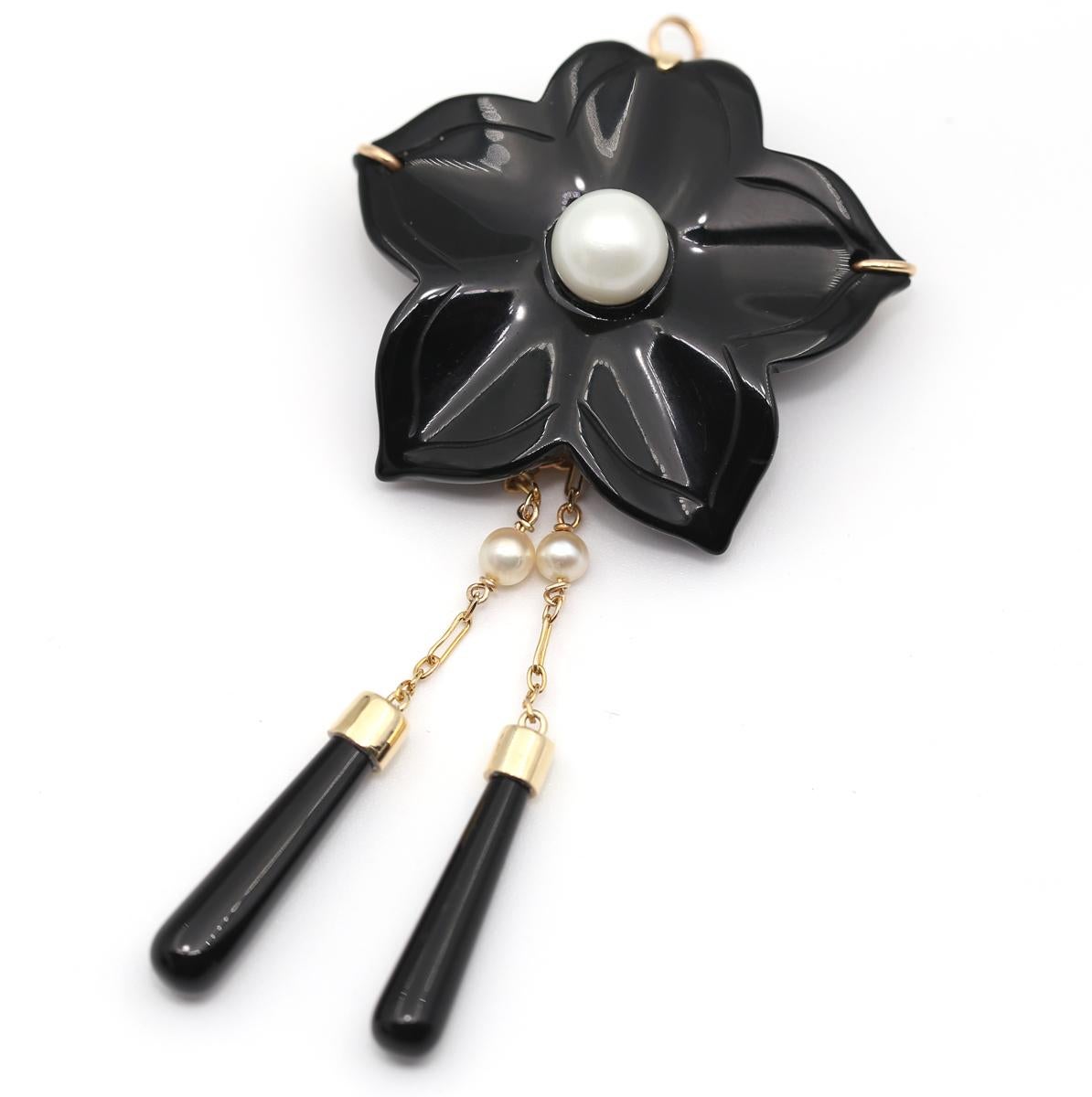 Round Cut Onyx Flower Brooch Pendant Pearls 14K Gold, 1930 For Sale