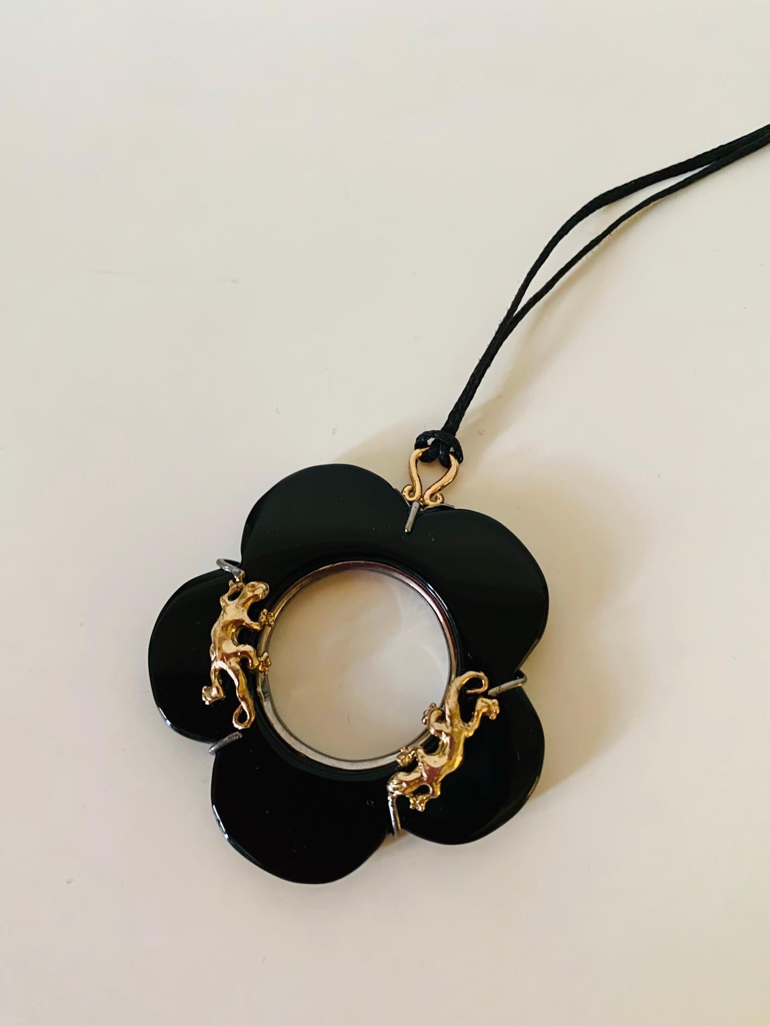 Artisan Onyx Flower Necklace Pendent 24 karat Gold Plated Silver Sterling Rope Necklace For Sale