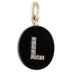 Anhänger mit Onyx-Edelstein und natürlichem Diamanten, aus massivem 14-karätigem Gelbgold, mit dem Buchstaben „L“