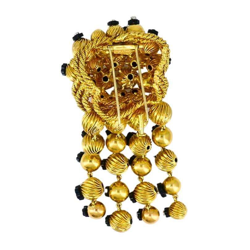 Mixed Cut Onyx Gold Bead Brooch 18k Retro Jewelry Signed OSL For Sale