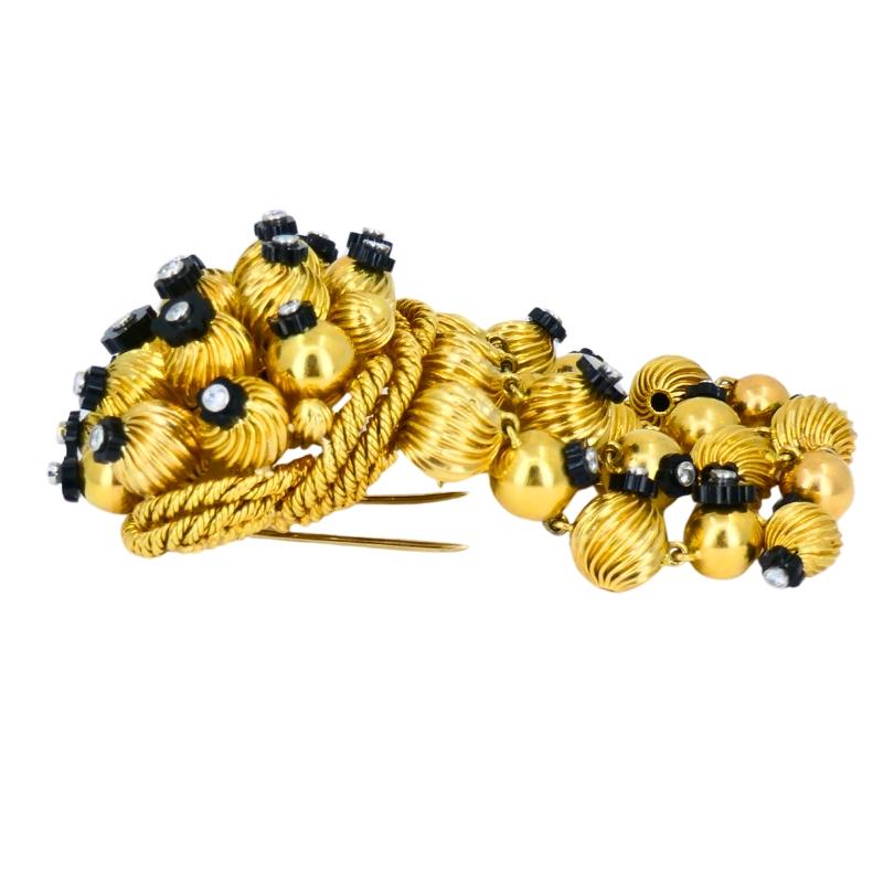 Onyx Gold Bead Brooch 18k Retro Jewelry Signed OSL In Good Condition For Sale In Beverly Hills, CA