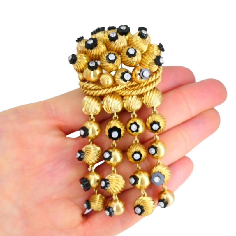 Women's or Men's Onyx Gold Bead Brooch 18k Retro Jewelry Signed OSL For Sale