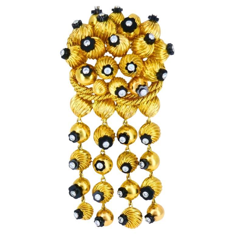 Broche de cuentas de oro de ónice Joyería retro de 18k Firmado OSL