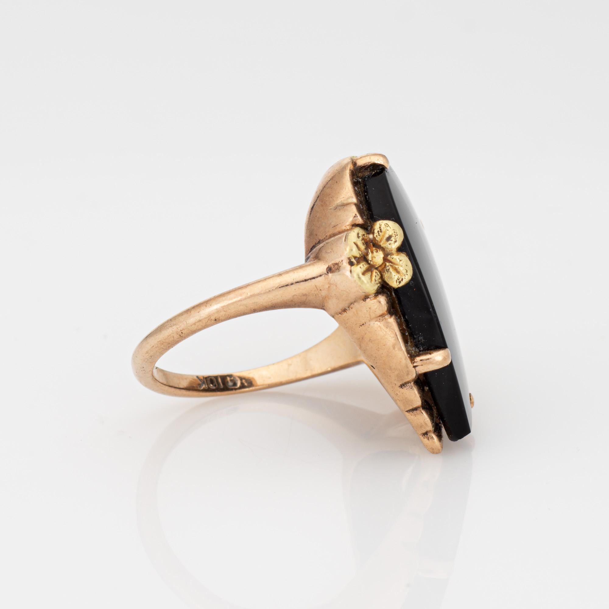 Onyx Herzring Vintage 10k Gelbgold Gr. 6,5 Großer Cocktail-Blumenschmuck (Moderne)