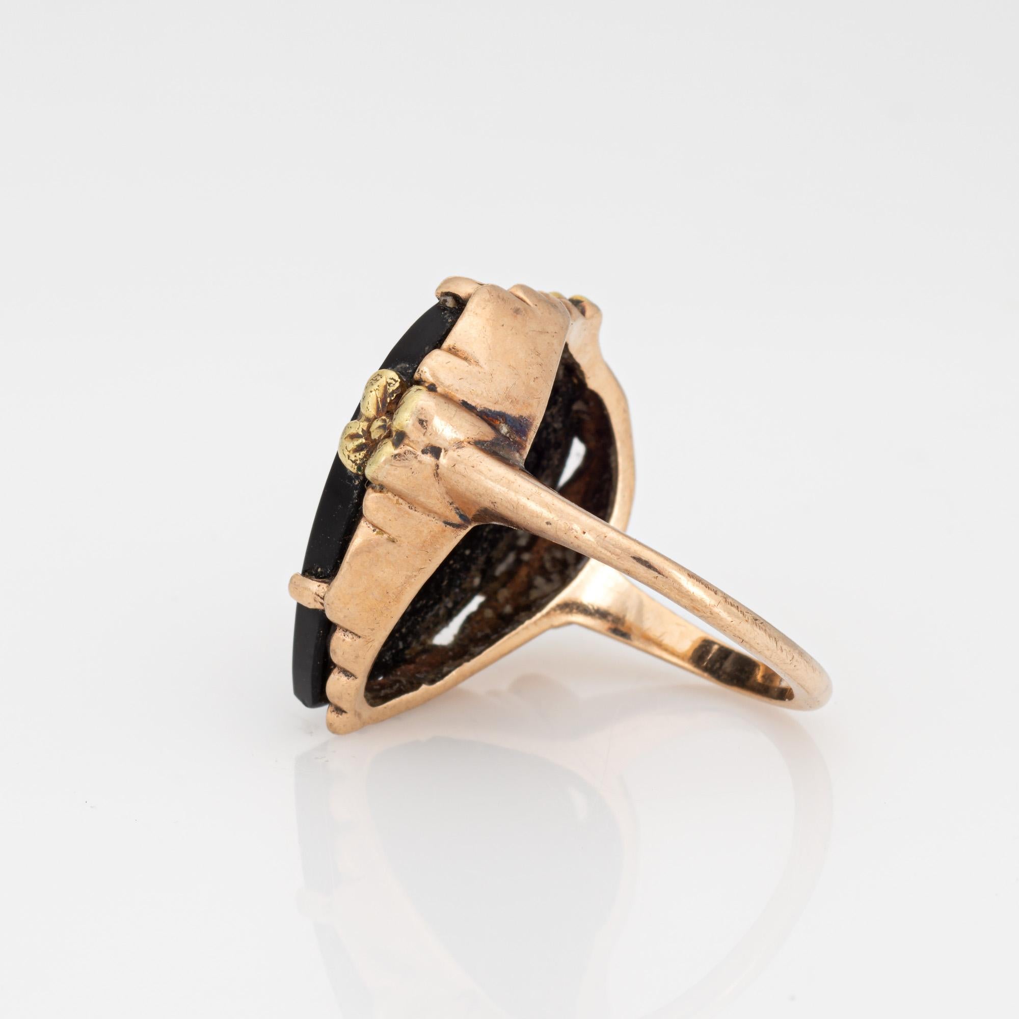 Onyx Herzring Vintage 10k Gelbgold Gr. 6,5 Großer Cocktail-Blumenschmuck (Herzschliff)