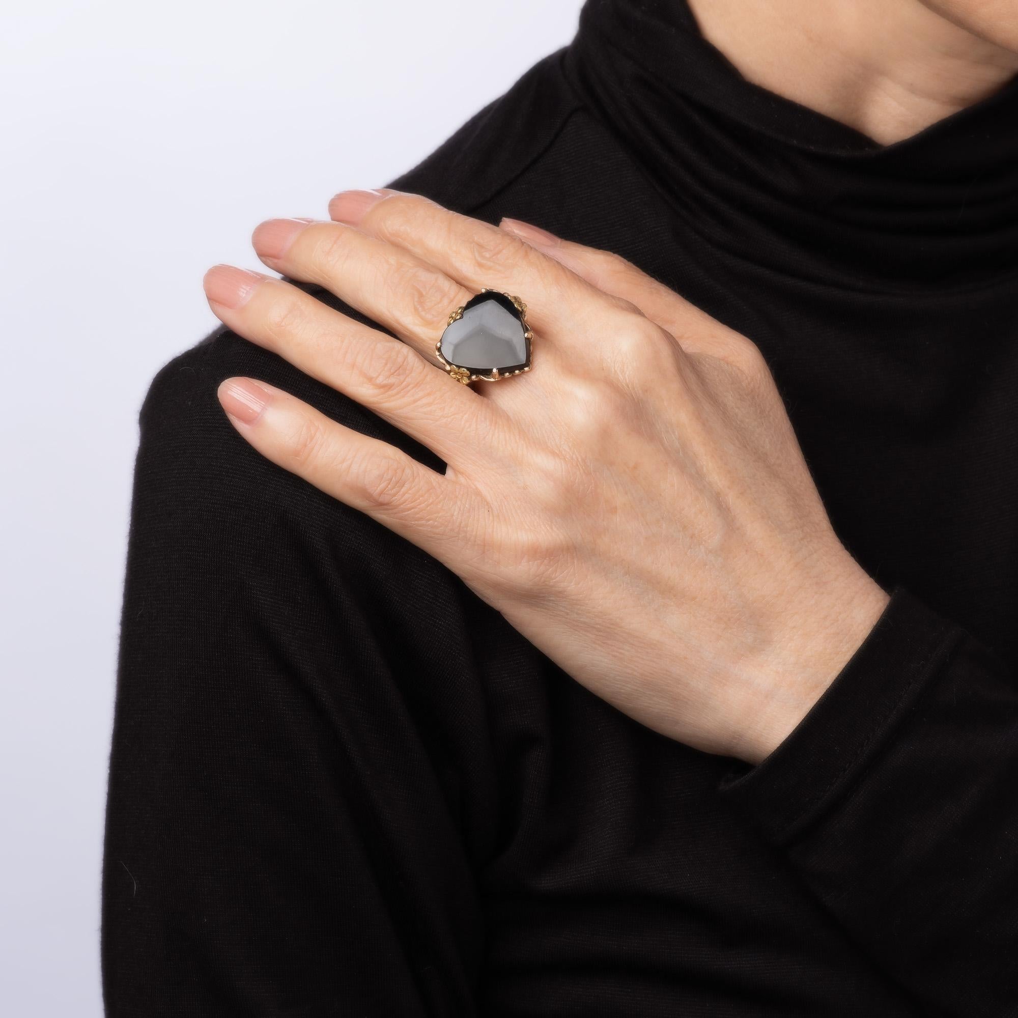 Onyx Herzring Vintage 10k Gelbgold Gr. 6,5 Großer Cocktail-Blumenschmuck Damen