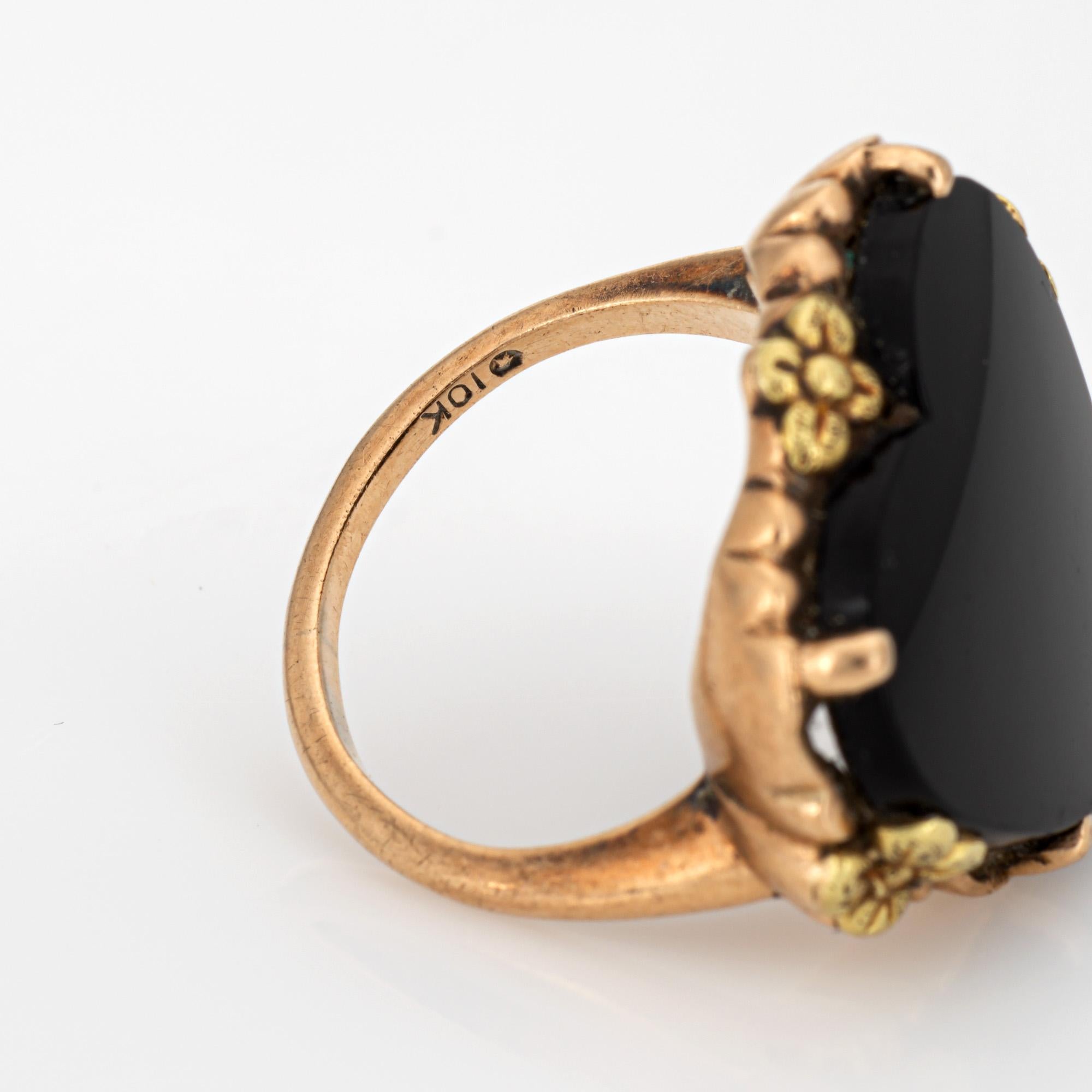 Onyx Herzring Vintage 10k Gelbgold Gr. 6,5 Großer Cocktail-Blumenschmuck 1