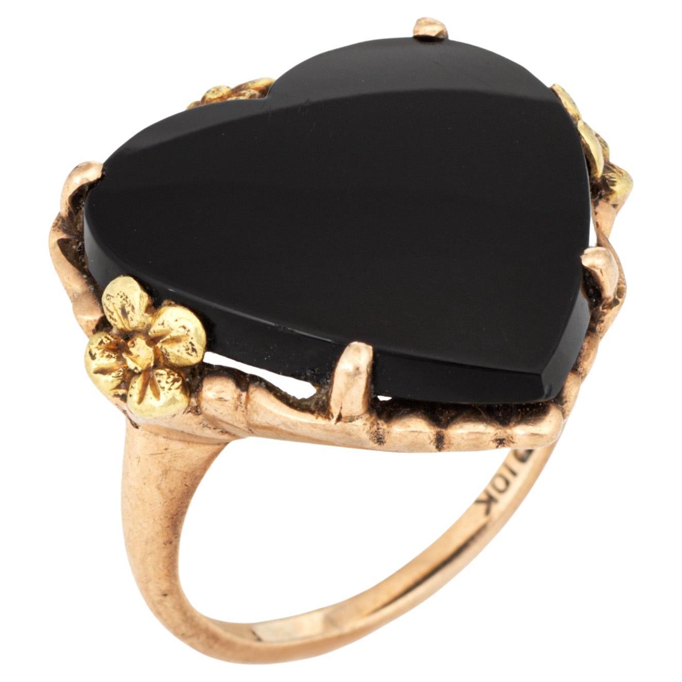 Onyx Herzring Vintage 10k Gelbgold Gr. 6,5 Großer Cocktail-Blumenschmuck