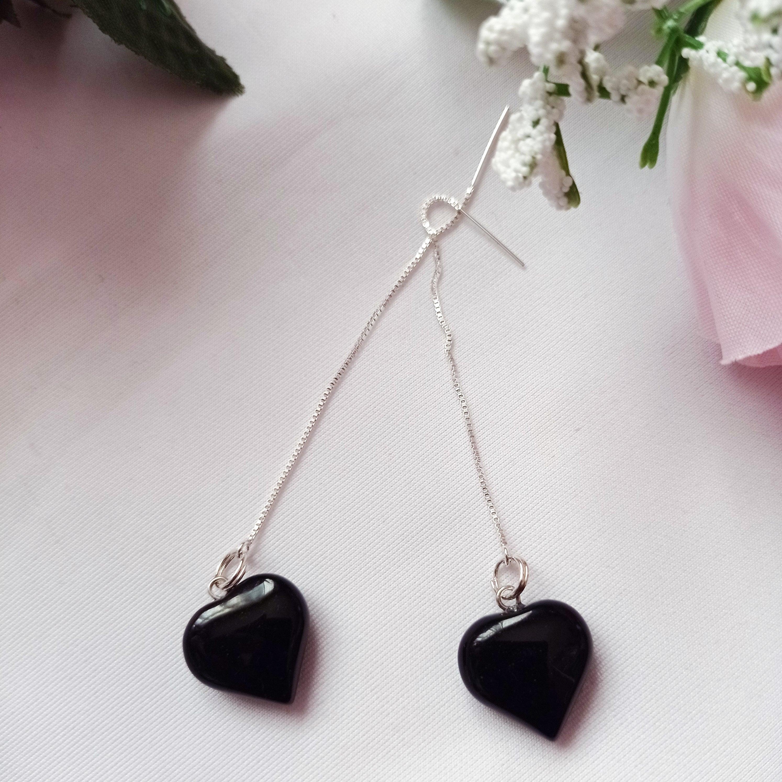 Bead Onyx Heart Threader Earrings, Sterling Silver Earrings  by nlanlaVictory For Sale