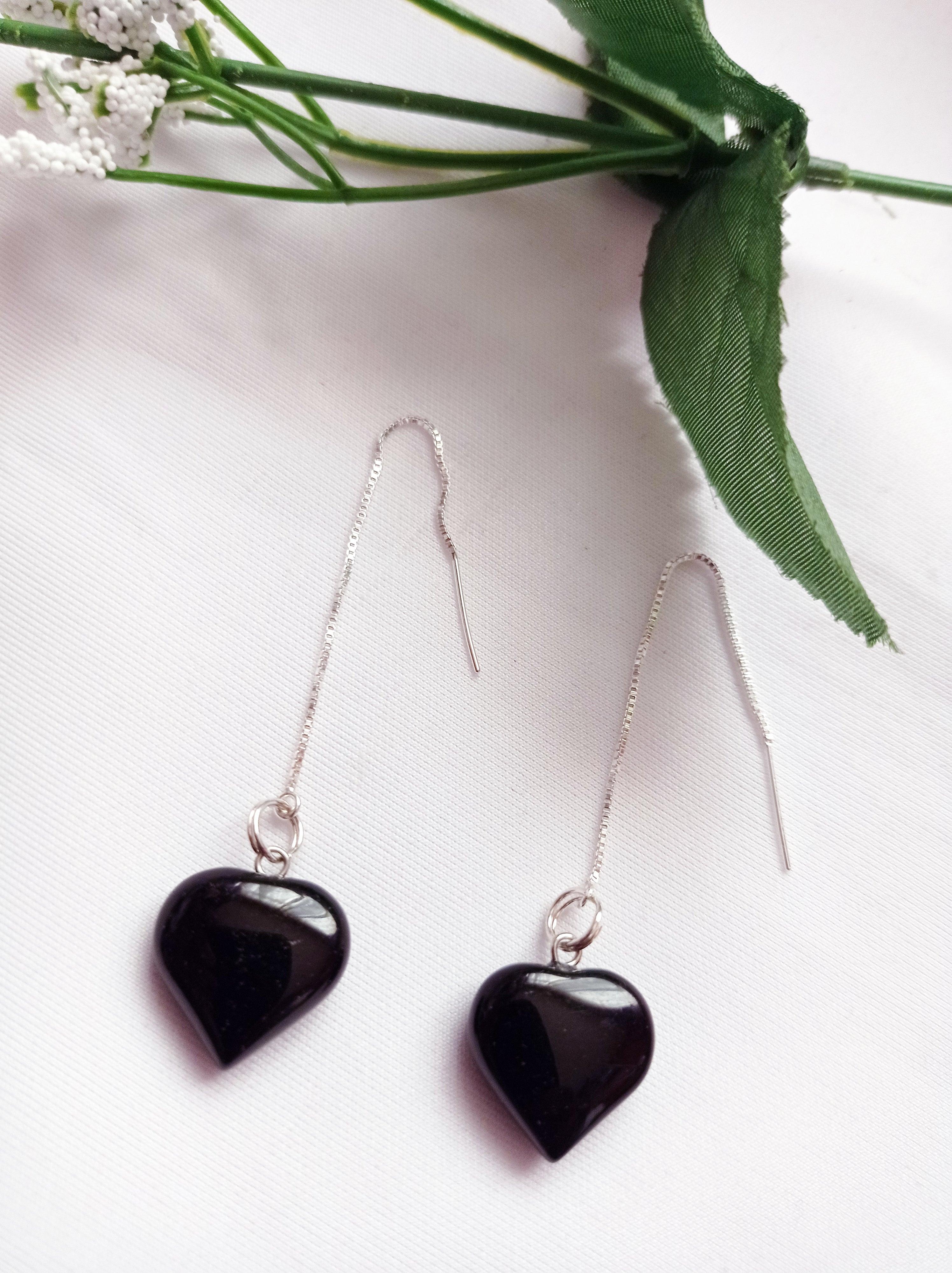 Women's Onyx Heart Threader Earrings, Sterling Silver Earrings  by nlanlaVictory For Sale