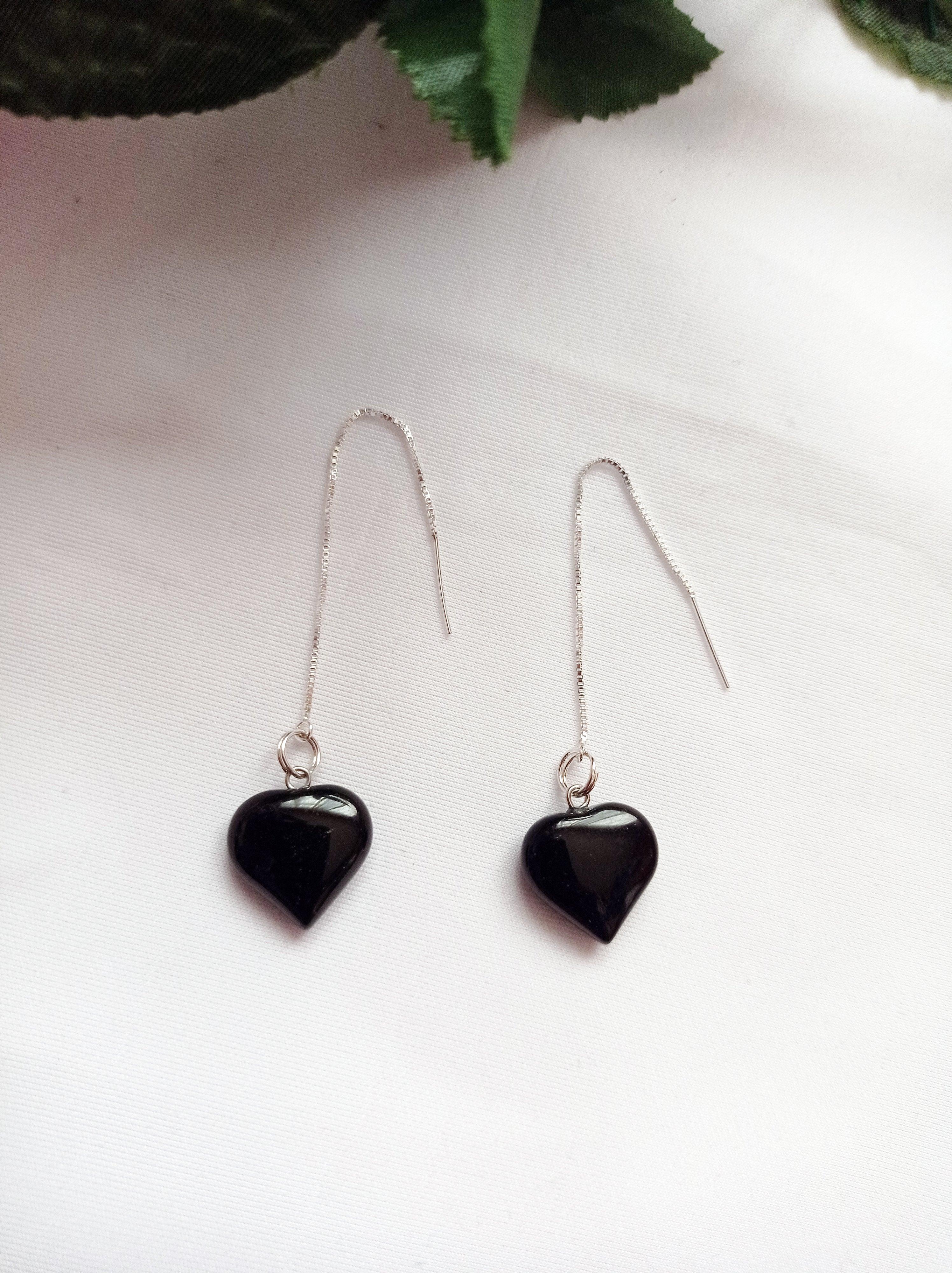 Onyx Heart Threader Earrings, Sterling Silver Earrings  by nlanlaVictory For Sale 2
