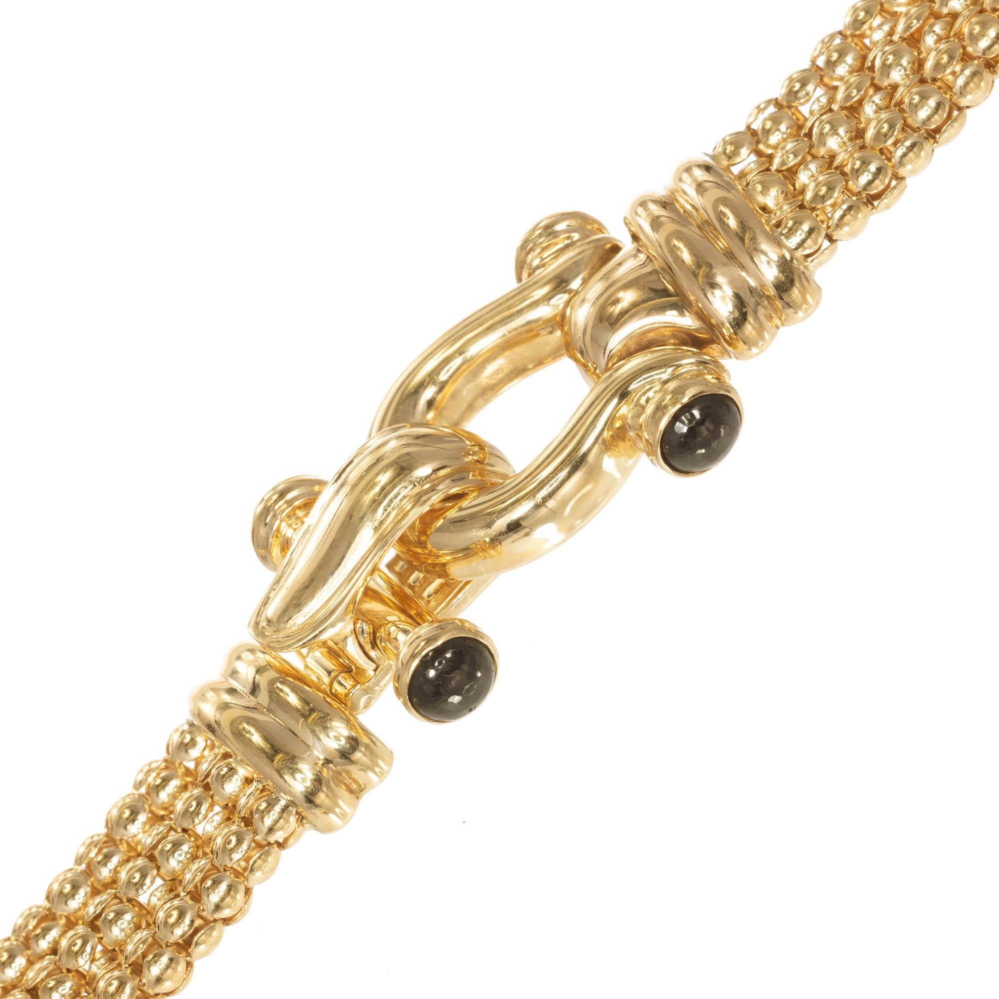 Round Cut Onyx Italian Three-Row Italian Yellow Gold Necklace