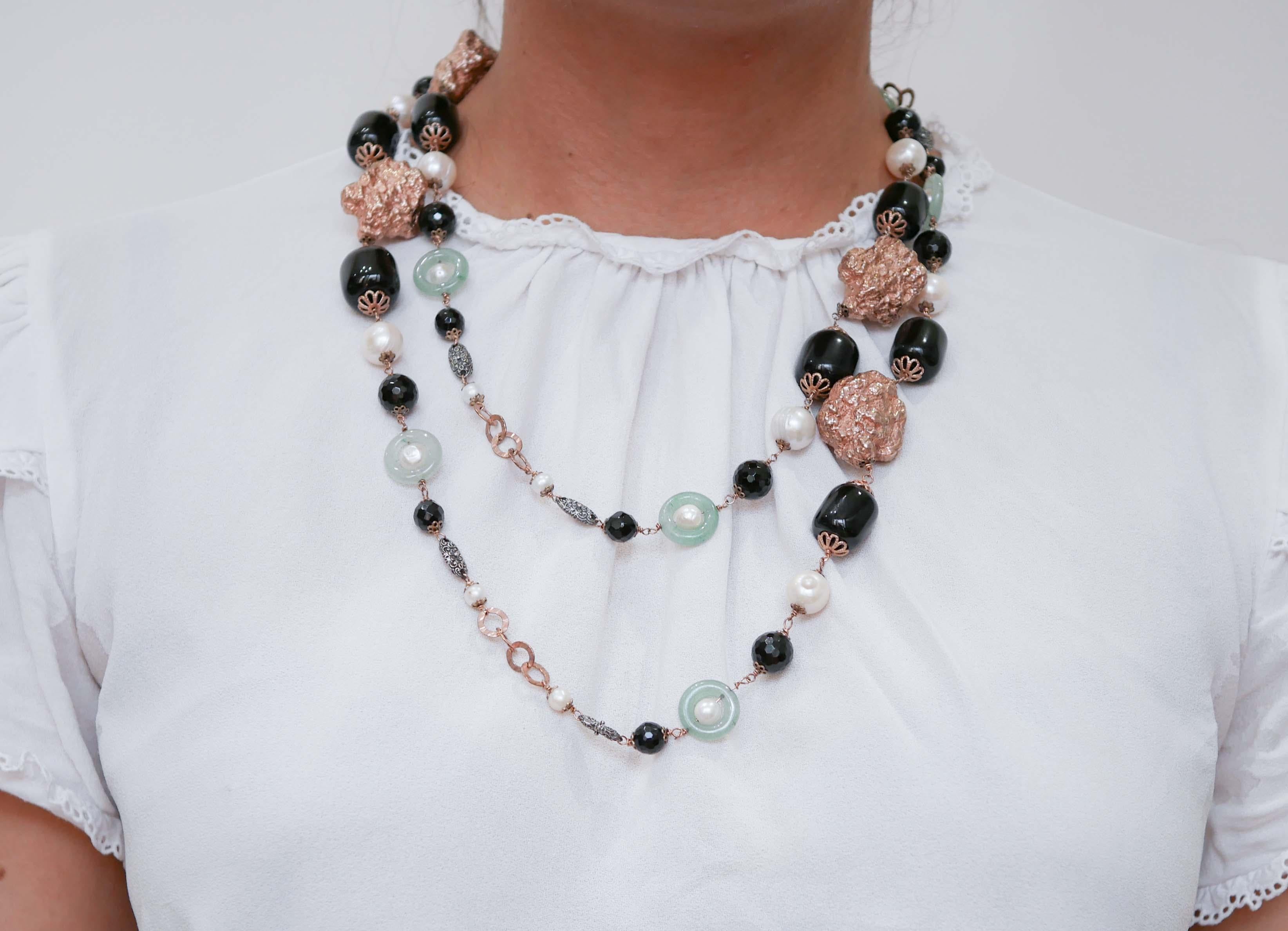 Mixed Cut Onyx, Jade Pearls, Rose Gold and Silver Retrò Necklace. For Sale