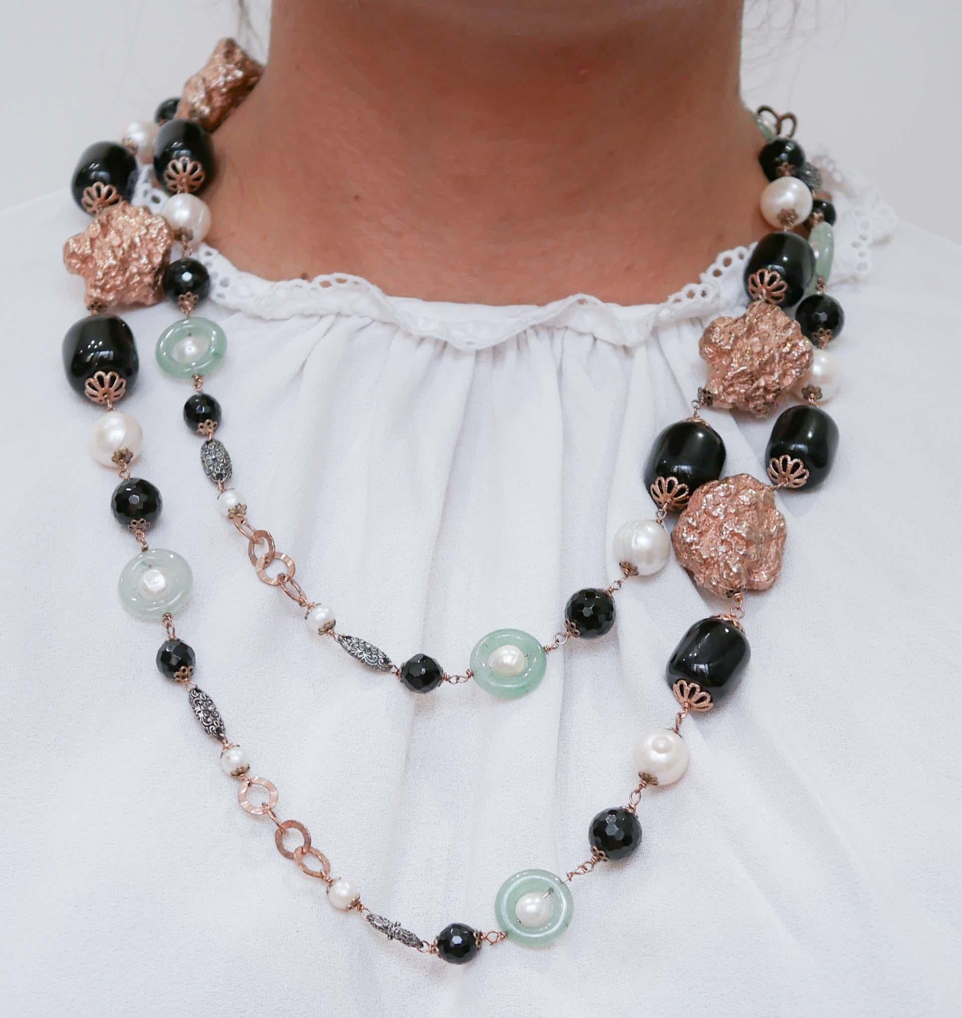 Onyx, Jade Pearls, Rose Gold and Silver Retrò Necklace. In Good Condition For Sale In Marcianise, Marcianise (CE)