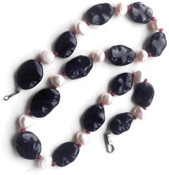 Onyx, Keshi Pearl and Faceted Ruby Necklace with 18k White Gold Lobster Clasp