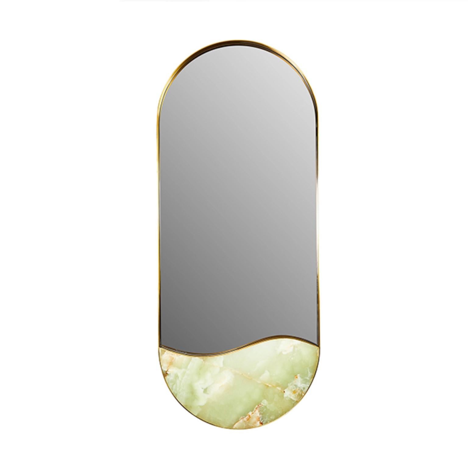 Onyx Kura mirror by Marble Balloon
Dimensions: W 50 x D 5 x H 120 cm
Materials: Brass, onyx 

Inspired by the flow of Aras River, it combines 100% brass frame with semi-precious stone details. Semi-precious stones are available in either green