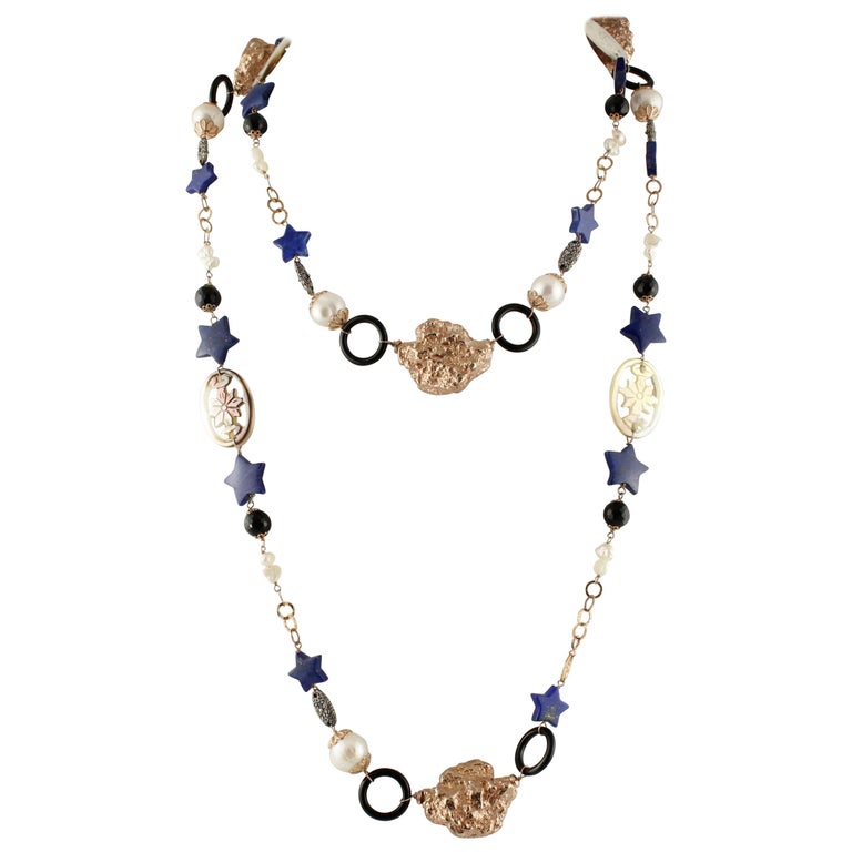 Onyx Lapis Pearls Mother-of-Pearl Rose Gold and Silver Necklace at 1stDibs