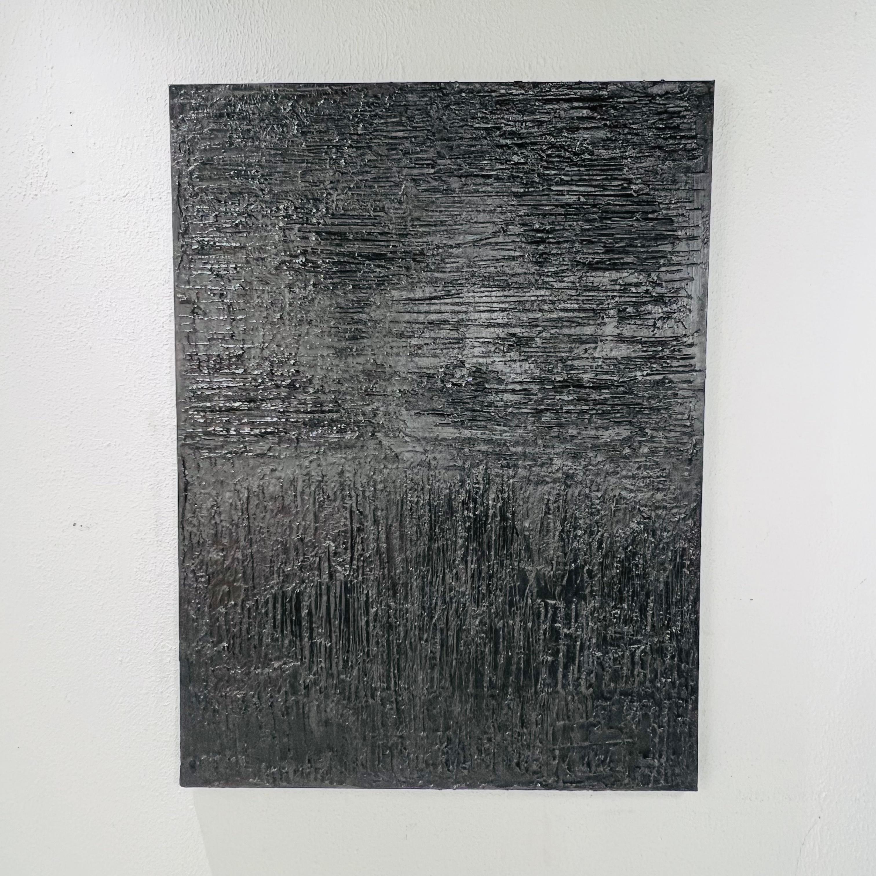 Minimaliste Peinture à l'huile noire texturée « Onyx Lines » en vente