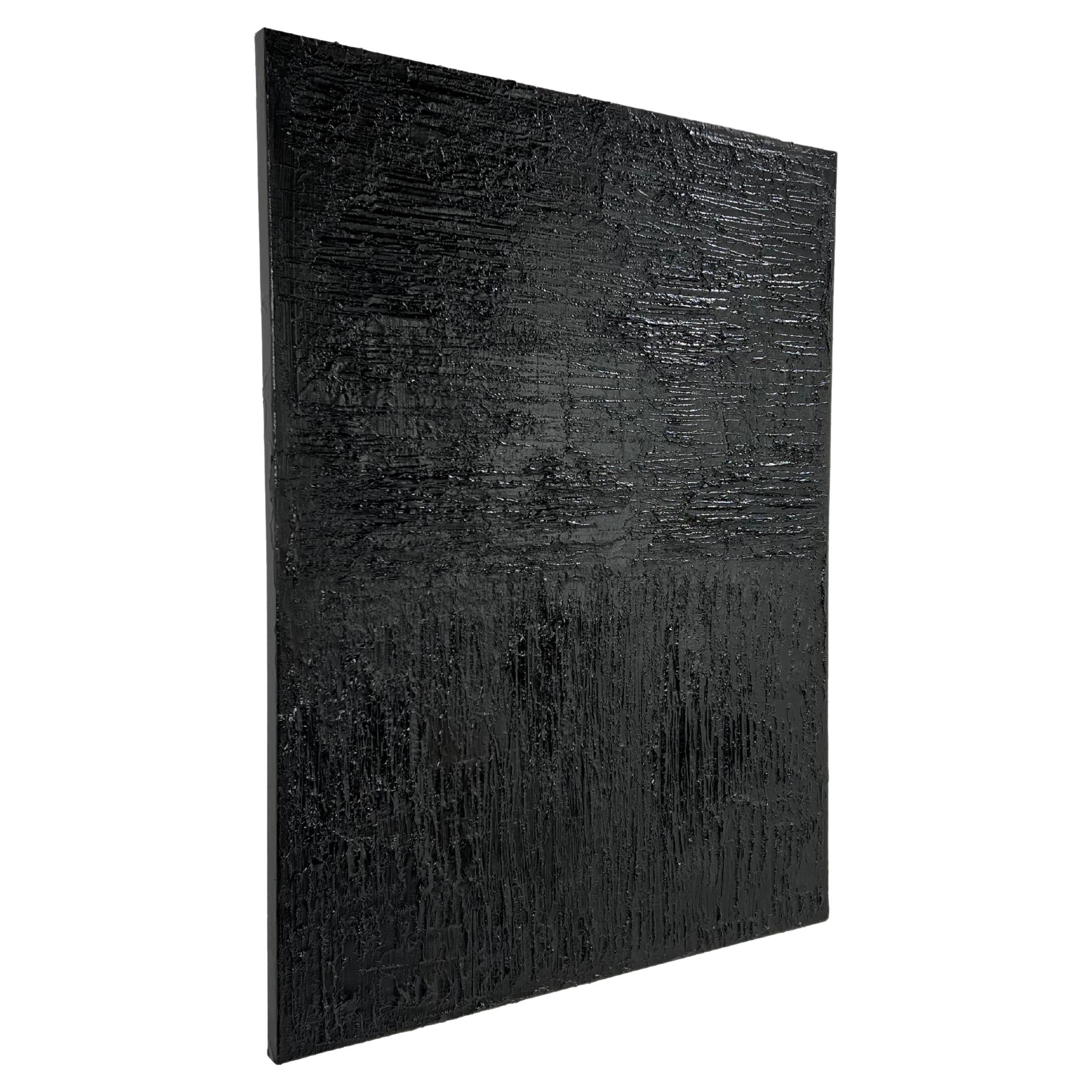 "Onyx Lines" Textured Black Oil Painting
