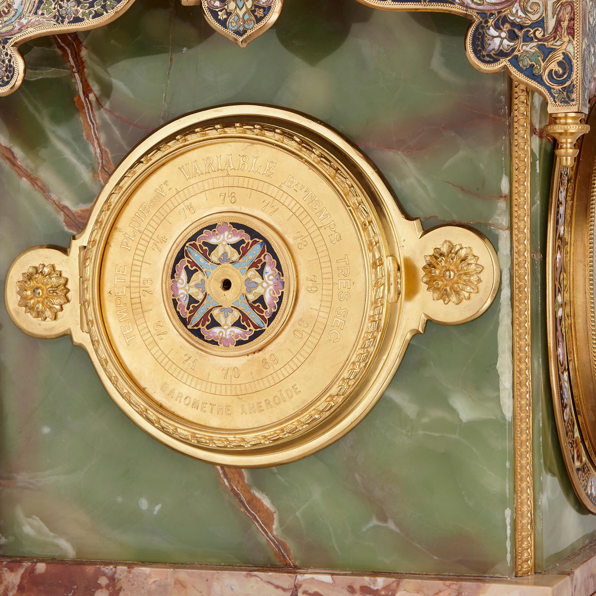 Sockeluhr aus Onyx, Marmor, vergoldeter Bronze und Champlevé-Emaille (Französisch) im Angebot