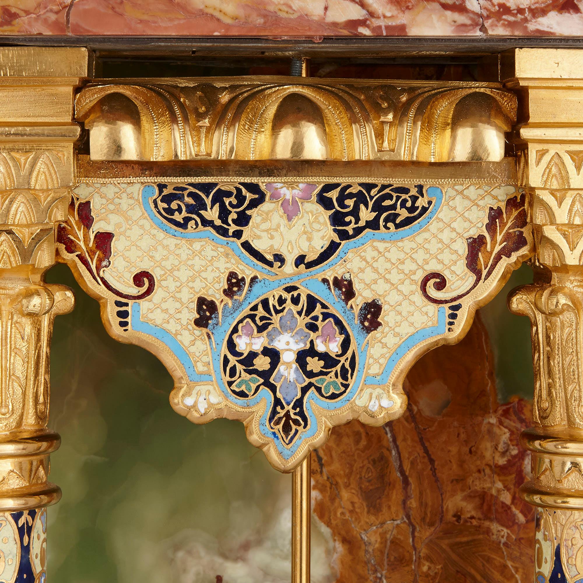 Neoclassical Onyx, Marble, Gilt Bronze and Champlevé Enamel Pedestal Clock For Sale