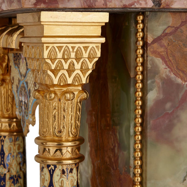 Onyx, Marble, Gilt Bronze and Champlevé Enamel Pedestal Clock For Sale 1