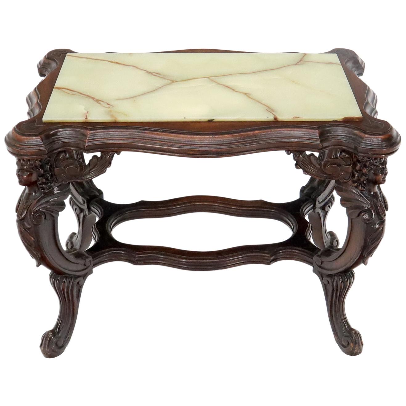 Onyx Marble Top Carved Cherubs Walnut Side End Coffee Table