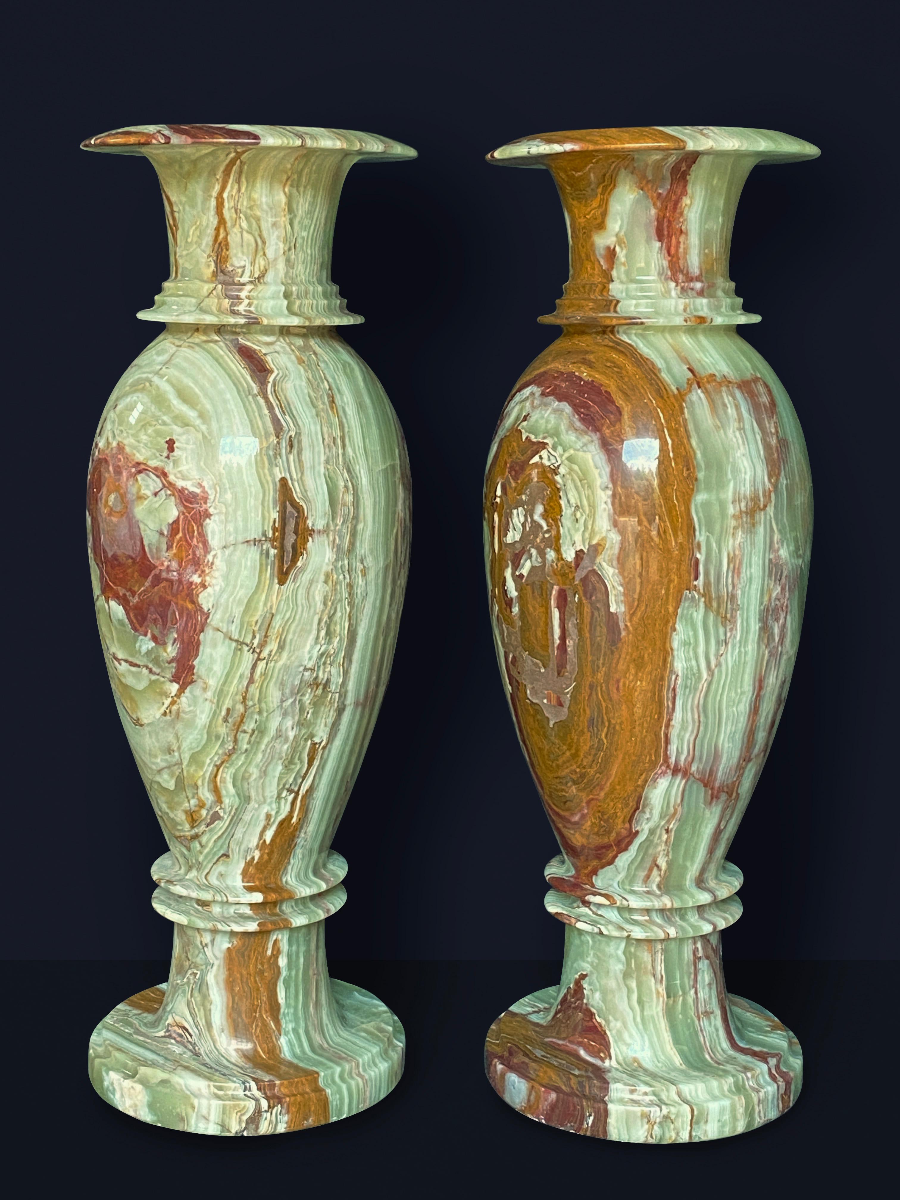 Neoclassical Onyx Marble Vases Life-size Pair Classical Urns Circa 1960 For Sale