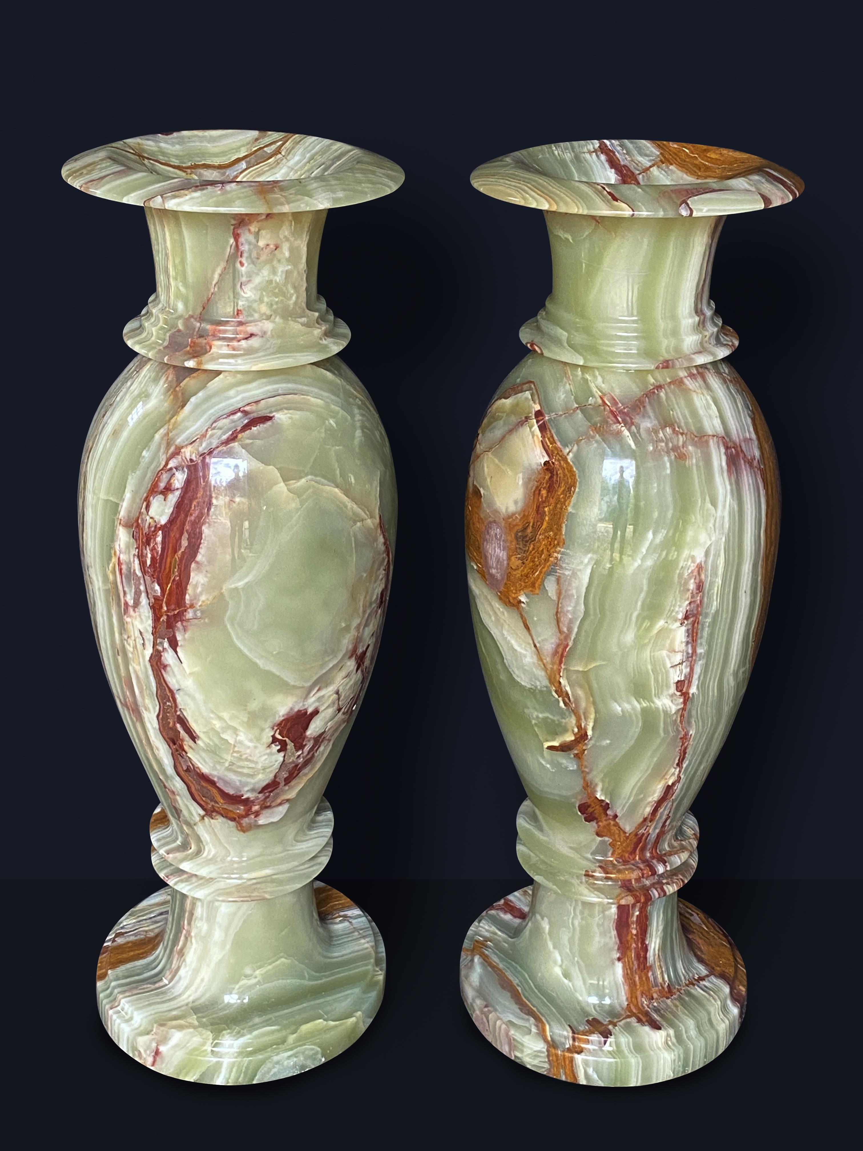 Italian Onyx Marble Vases Life-size Pair Classical Urns Circa 1960 For Sale