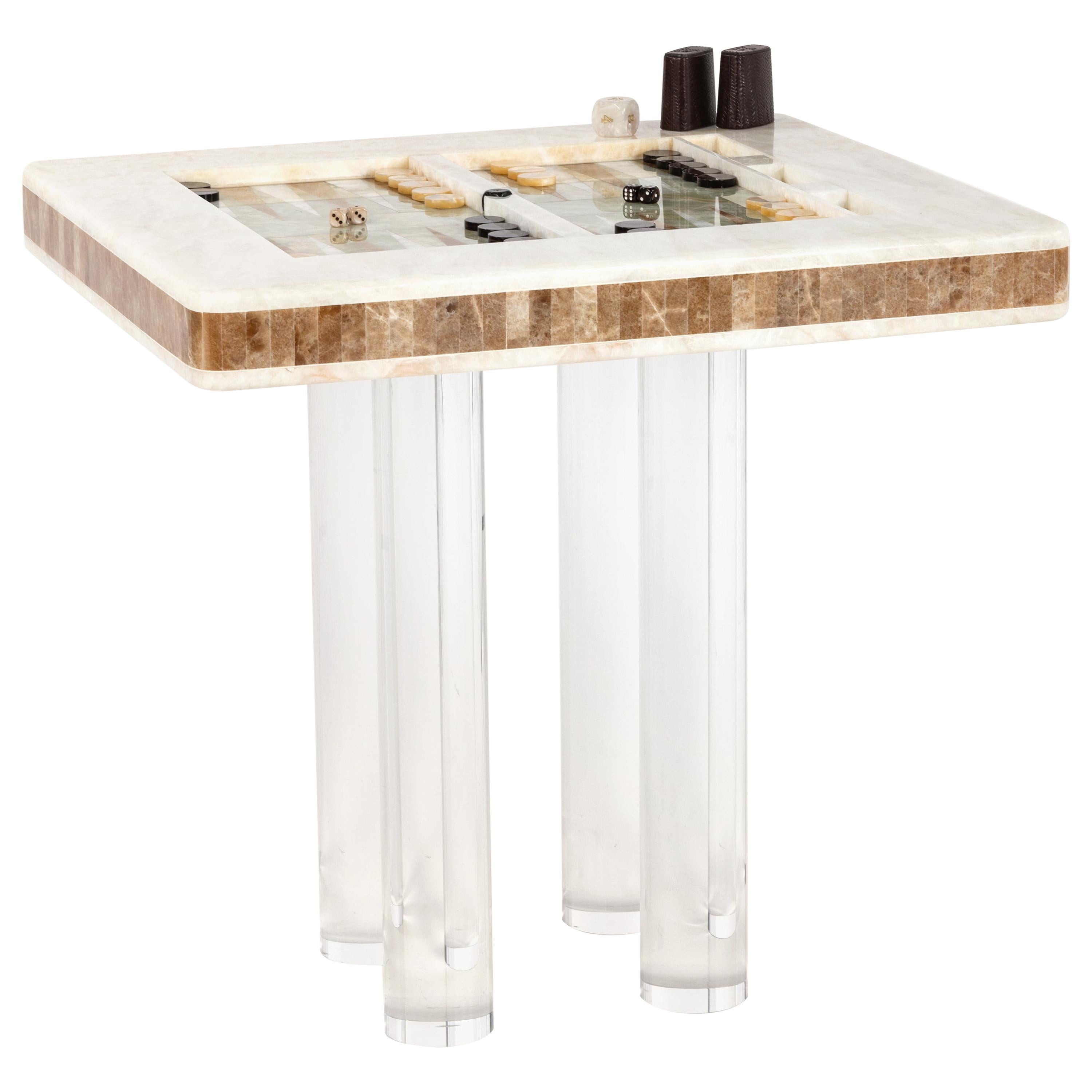 Table de backgammon en marqueterie d'onyx par Laura Gonzalez pièce unique en vente
