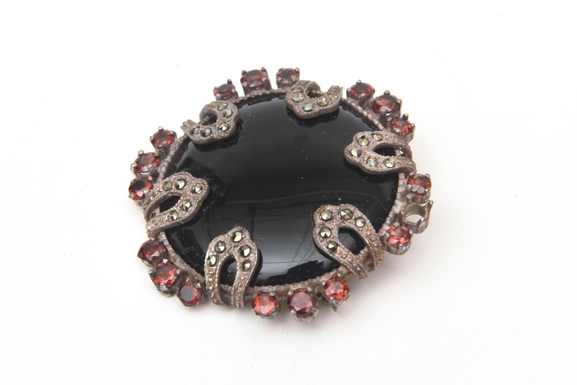 Antique Cushion Cut Onyx, Marquisette, Garnet and Sterling Silver Art Deco Pin Brooch