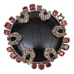 Vintage Onyx, Marquisette, Garnet and Sterling Silver Art Deco Pin Brooch