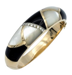 Onyx, Mother of Pearl and Diamond Chunky Bangle Bracelet in 14 Karat Gold