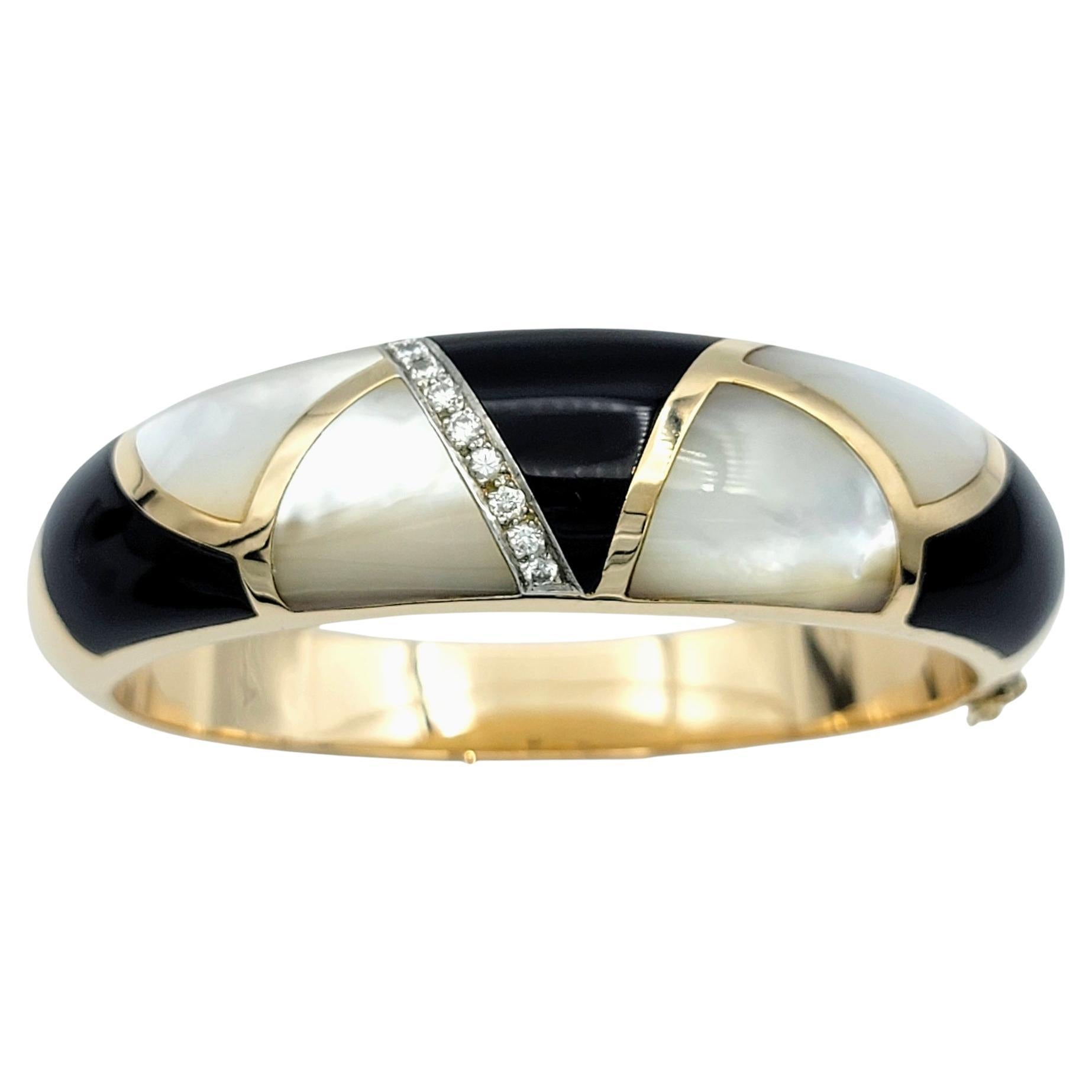 Onyx, Mother of Pearl and Diamond Chunky Bangle Bracelet in 14 Karat Gold