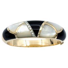 Onyx, Mother of Pearl and Diamond Chunky Bangle Bracelet in 14 Karat Gold